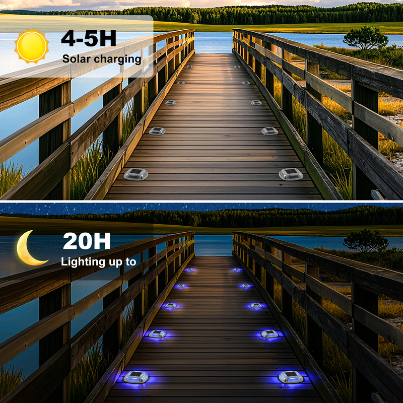 IP67防水ソーラーデッキライト、1.2V/600mahバッテリーと2V/140maソーラーパネル搭載、ホワイト+ブルー